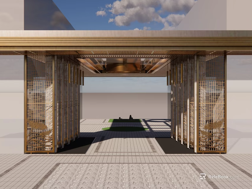 Luxurious Modern Entrance Gate With Golden Metal Frame Intricate Lattice Design And Decorative Ceiling Beam 3d model 