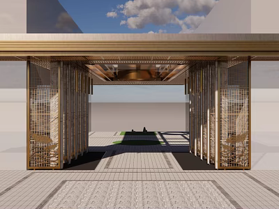 Luxurious Modern Entrance Gate With Golden Metal Frame Intricate Lattice Design And Decorative Ceiling Beam 3d model