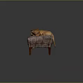 Floral Fabric Covered Stool With Wooden Legs And Dog Lying On It