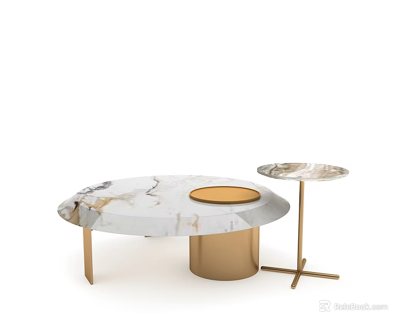 Modern Round Coffee Table With Marble Top And Gold Metal Side Table 3d model
