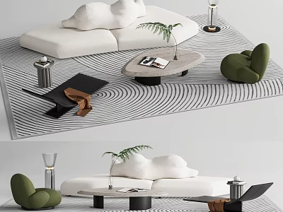 Modern White Sofa And Coffee Table Set With Green Accent Chair Plant And Wavy Rug 3d model
