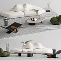 Modern White Sofa And Coffee Table Set With Green Accent Chair Plant And Wavy Rug