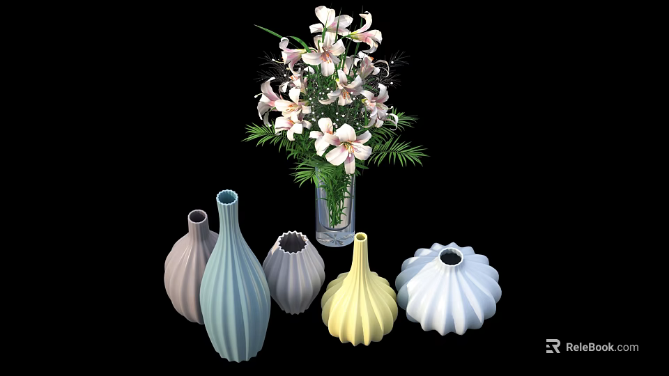 Colorful Various Shaped Vases With Fresh Flower Arrangement On Black Background 3d model 