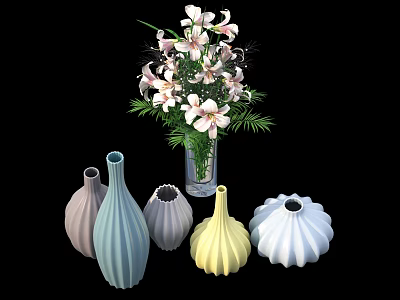 Colorful Various Shaped Vases With Fresh Flower Arrangement On Black Background 3d model