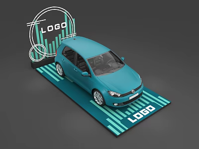 Display Shelf With Blue Car On Striped Platform And Logo Graphics 3d model