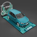 Display Shelf With Blue Car On Striped Platform And Logo Graphics