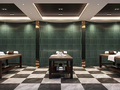 Serene SPA Sauna Interior With Green Textured Walls Massage Beds And Ambient Lighting 3d model
