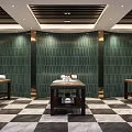 Serene SPA Sauna Interior With Green Textured Walls Massage Beds And Ambient Lighting