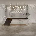 Modern Front Desk Reception With Golden Chandeliers Patterned Wall Potted Plant And Statue