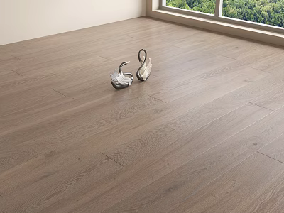 Light Brown Wooden Flooring With Natural Texture Swan Decorations And Green View By Window 3d model