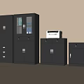 Gray Office Storage Cabinets With Glass Doors Drawers And Printer On Top