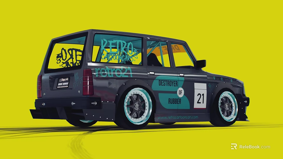 Black Retro Racing Car with Destroyer Rubber Number 21 on Yellow Background 3d model 