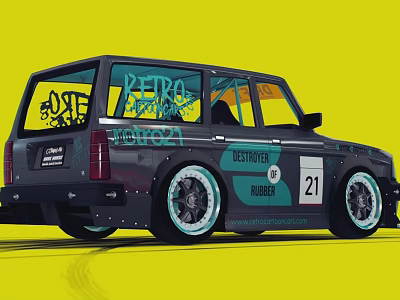 Black Retro Racing Car with Destroyer Rubber Number 21 on Yellow Background 3d model