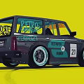 Black Retro Racing Car with Destroyer Rubber Number 21 on Yellow Background