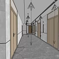Modern Elevator Hallway With Light Colored Walls Gray Tile Floor And Ceiling Lights 3d model