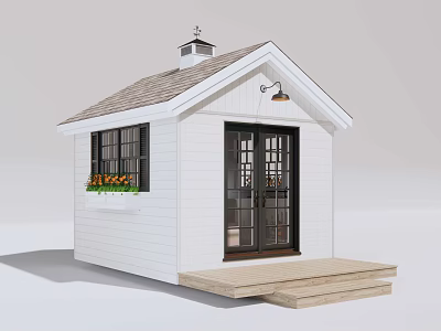 Small House With White Exterior Gray Roof Wooden Steps Window Flower Box And Wall Lamp 3d model