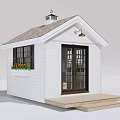Small House With White Exterior Gray Roof Wooden Steps Window Flower Box And Wall Lamp