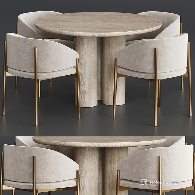 Modern Round Wooden Dining Table With Beige Fabric Chairs And Gold Metal Legs 3d model 