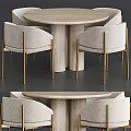 Modern Round Wooden Dining Table With Beige Fabric Chairs And Gold Metal Legs