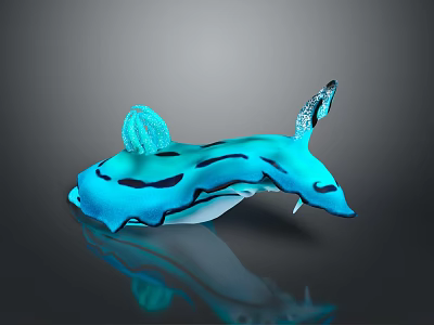 Blue Sea Slug With Black Stripes and Tentacle Like Structures on Gray Background With Reflection 3d model
