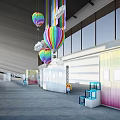 Colorful Hot Air Balloons in Large Indoor Exhibition Space with Booths and Windows