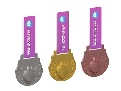 Championship Sports Medals Gold Silver Bronze with Purple Ribbons and Flame Design Details 3d model