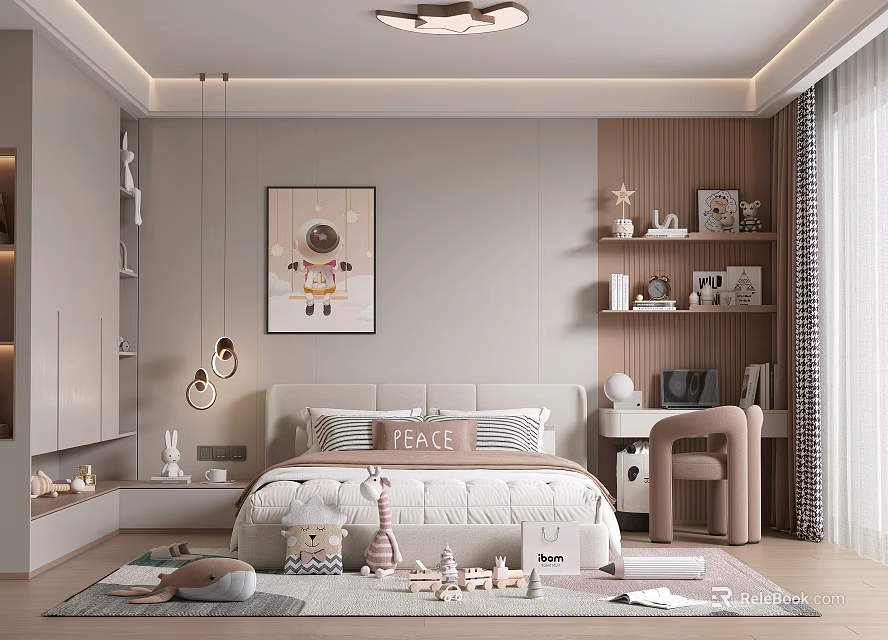Cozy Kids Room Interior With Astronaut Wall Art Bed And Toy Shelves 3d model 