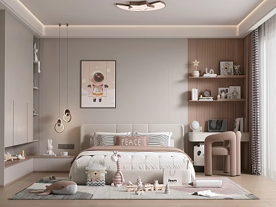 Cozy Kids Room Interior With Astronaut Wall Art Bed And Toy Shelves 3d model