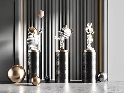 Modern Sculptures on Black Pedestals with Gold Silver Spheres in Interior 3d model