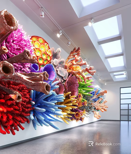 Shopping Mall Lobby Featuring Colorful Coral Shaped Art Installation Wall And Modern Lighting 3d model 