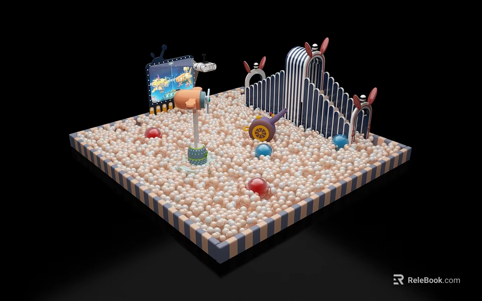Fun Kids Play Area With Colorful Ball Pit Slide Arches And Cartoon Decorations 3d model 