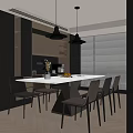 Modern Restaurant Interior Design With White Dining Table Black Chairs Pendant Lights And Window