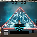 Professional Stage DJ Equipment Setup With Neon Triangle Backdrop Lighting And Sound Systems 3d model