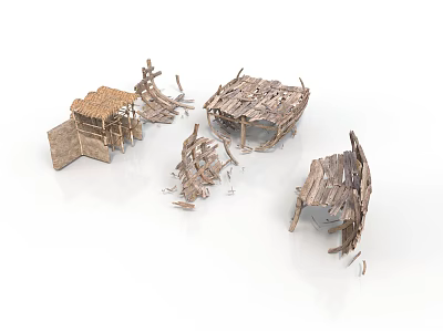 Multiple Dilapidated Wooden Building Ruins With Broken Roofs And Weathered Logs 3d model