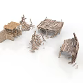 Multiple Dilapidated Wooden Building Ruins With Broken Roofs And Weathered Logs
