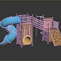 Playground Equipment With Blue Spiral Slide Wooden Structure Rope Ladder Yellow Tunnel And Climbing Wall