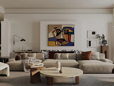 Modern Living Room Interior with Beige Sofa Coffee Table and Abstract Wall Art 3d model