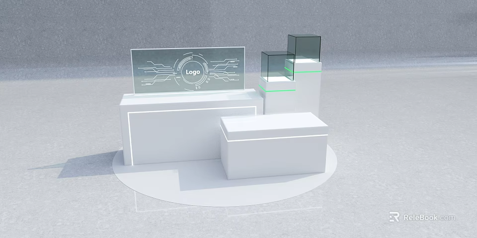 Modern Exhibition Counters With White Shelves Glass Elements And Logo 3d model