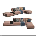 Pink L shaped Sectional Sofa with Multi colored Pillows Blue Blanket and Storage Tray 3d model