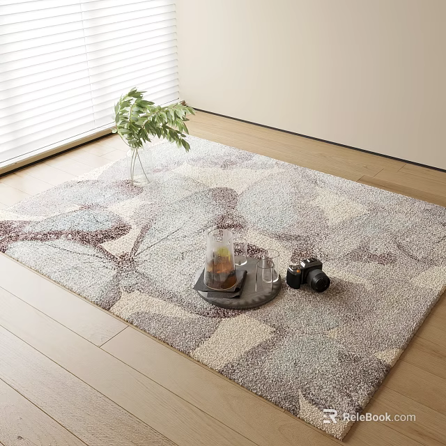 Plush Square Area Rug with Leaf Pattern and Neutral Tones for Modern Living Room 3d model 