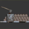 Axe As Traditional Weapon Embedded In Tree Stump With Stacked Firewood Logs And Wooden Blocks