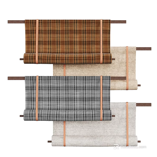 Stylish Plaid Curtains With Brown Gray Beige Patterns And Wooden Rods 3d model 