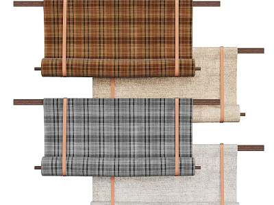 Stylish Plaid Curtains With Brown Gray Beige Patterns And Wooden Rods 3d model