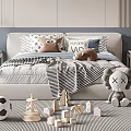 Double Bed with GOOD NIGHT Pillow Stuffed Bear and Children's Toys on Carpet