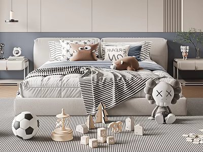 Double Bed with GOOD NIGHT Pillow Stuffed Bear and Children's Toys on Carpet 3d model