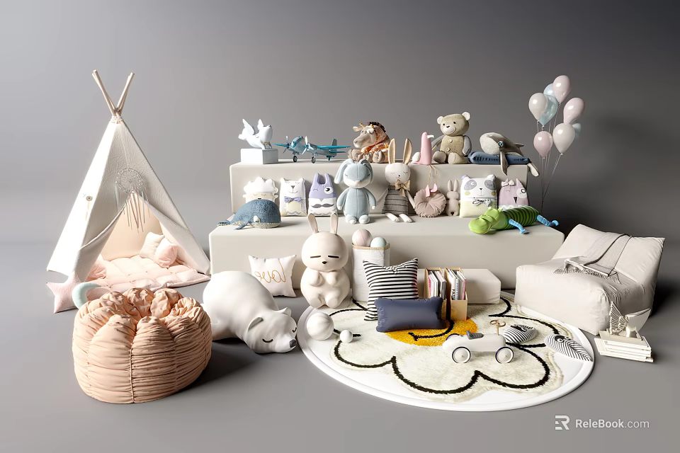 Cute Stuffed Dolls in Kids Playroom with Teepee Rug and Colorful Balloons 3d model 