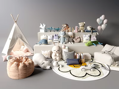 Cute Stuffed Dolls in Kids Playroom with Teepee Rug and Colorful Balloons 3d model