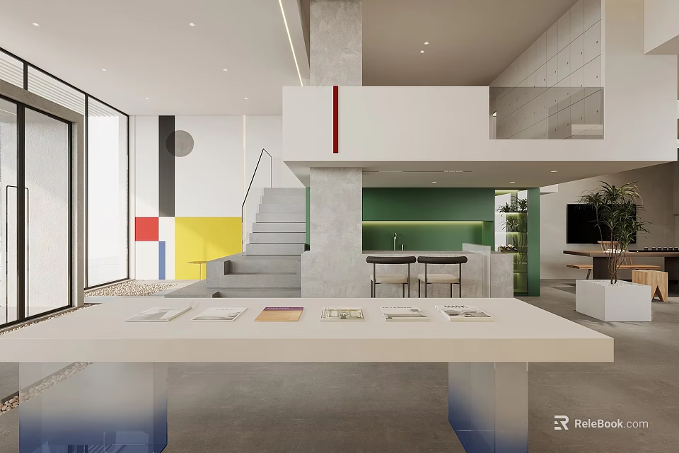 Modern Reception Desk In Bright Open Space With Green Wall And Colorful Geometric Decor 3d model 