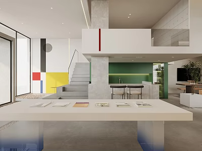 Modern Reception Desk In Bright Open Space With Green Wall And Colorful Geometric Decor 3d model