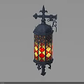 Vintage Iron Wall Mounted Lantern With Decorative Top And Stained Glass Red Yellow Diamond Pattern